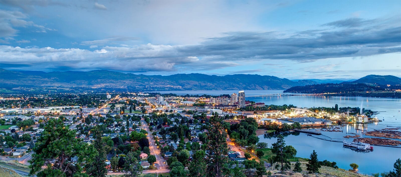 overlooking downtown Kelowna at dusk